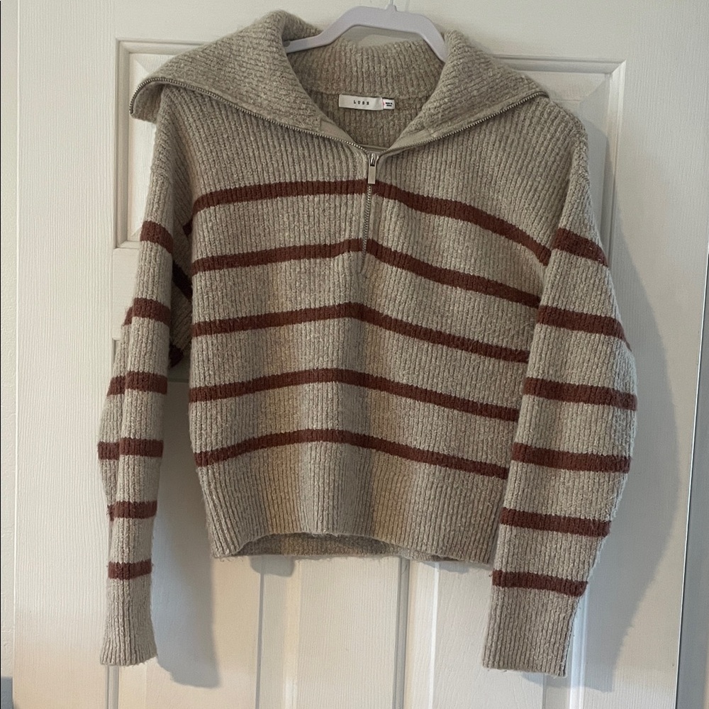 Beige & Brown Striped Half-Zip Turtleneck Sweater